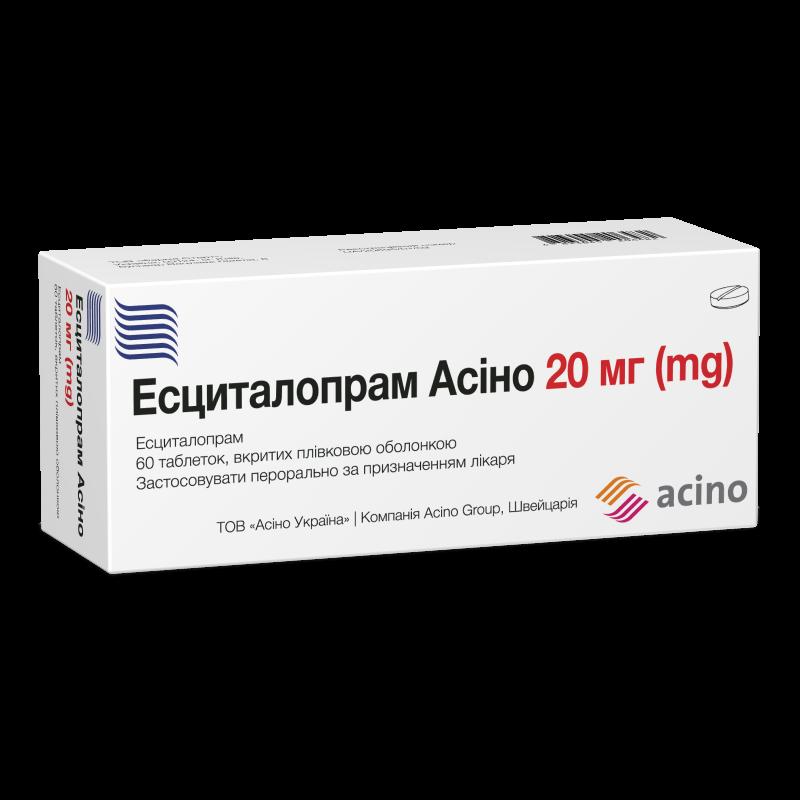 ЕСЦИТАЛОПРАМ АСІНО, таблетки, вкриті плівковою оболонкою по 20 мг №60